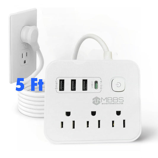 Surge Protector Power Strip with USB C, 1200J Protection, 5ft Heavy Duty Extension Cord – (7-in-1) 3 AC Outlets, 4 USB Ports, LED On/Off Switch – Compact & Travel Friendly – Home, Office, Dorm.