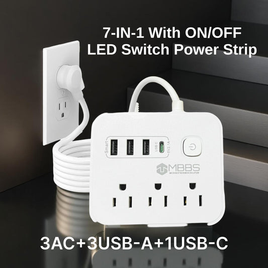 Surge Protector Power Strip with USB C, 1200J Protection, 5ft Heavy Duty Extension Cord – (7-in-1) 3 AC Outlets, 4 USB Ports, LED On/Off Switch – Compact & Travel Friendly – Home, Office, Dorm.