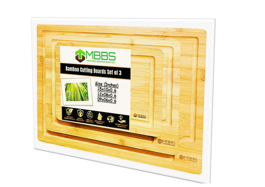 Bamboo Cutting Boards for Kitchen – Set of 3 Wooden Boards with Juice Grooves & Handles – Chopping Board Set for Meat, Veggies, Charcuterie – Eco-Friendly Gift Idea